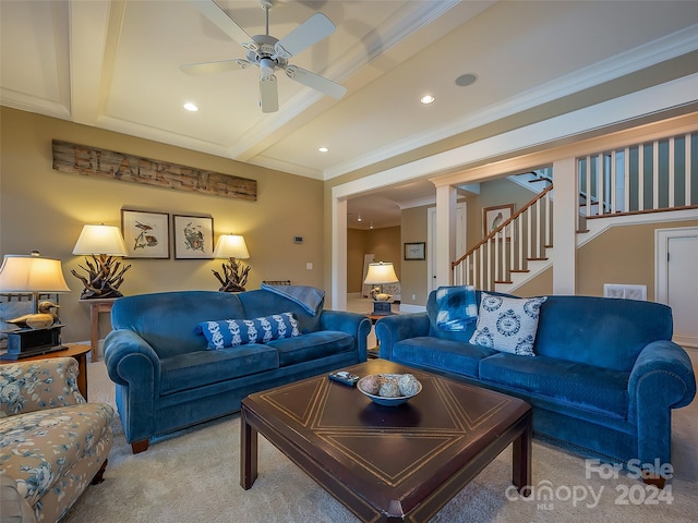 living room featuring ceiling fan, beam ceiling, light colored carpet, and crown molding