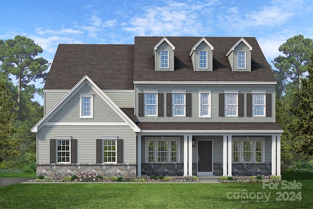 view of front facade featuring stone siding, a porch, a front lawn, and roof with shingles