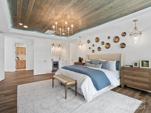 bedroom with a raised ceiling, dark wood-style flooring, wooden ceiling, and a dry bar