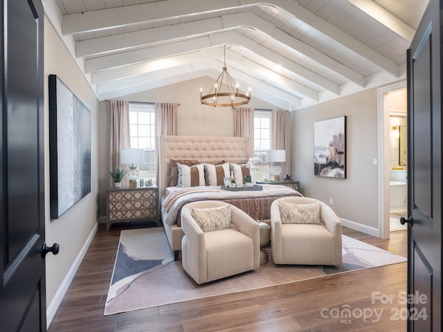 bedroom featuring multiple windows, a notable chandelier, wood finished floors, and vaulted ceiling with beams