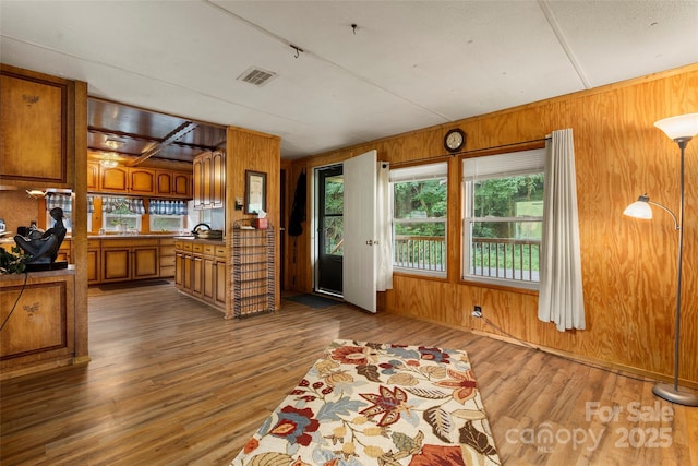 kitchen with dark hardwood / wood-style floors and wood walls