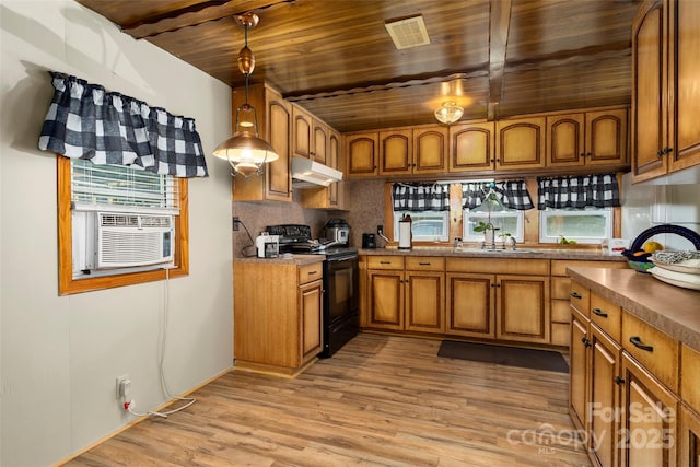 kitchen with sink, black range with electric stovetop, hanging light fixtures, wooden ceiling, and light wood-type flooring