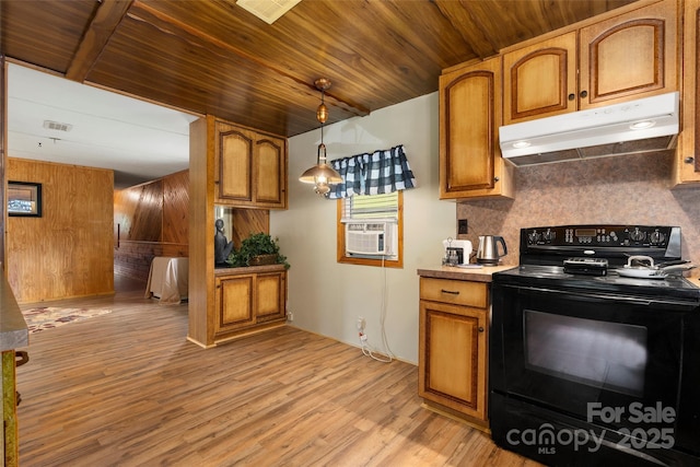 kitchen featuring black electric range oven, wood ceiling, hanging light fixtures, light wood-type flooring, and cooling unit