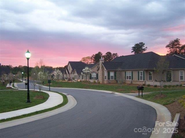 view of street with sidewalks, curbs, and street lights