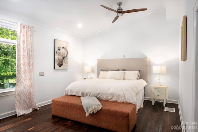 bedroom with multiple windows, crown molding, dark wood-type flooring, and ceiling fan