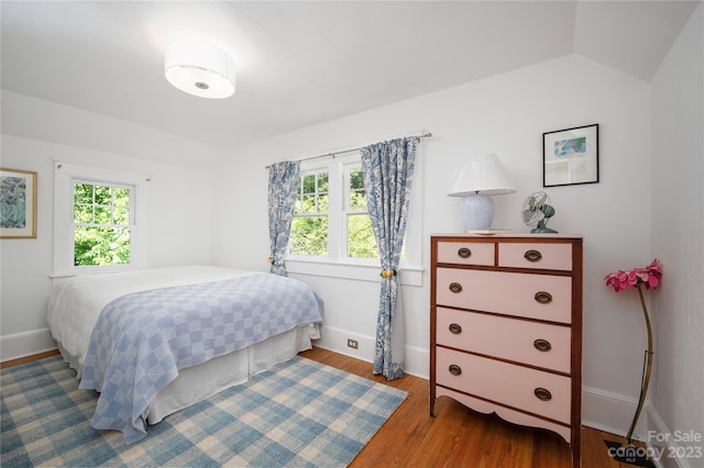 bedroom featuring lofted ceiling, multiple windows, and wood-type flooring