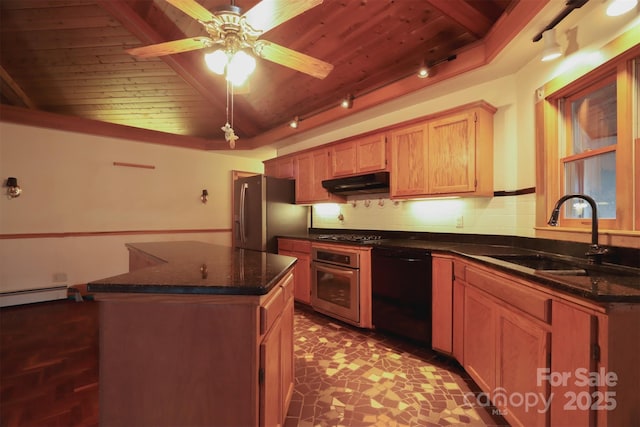 kitchen with ceiling fan, sink, wood ceiling, and appliances with stainless steel finishes