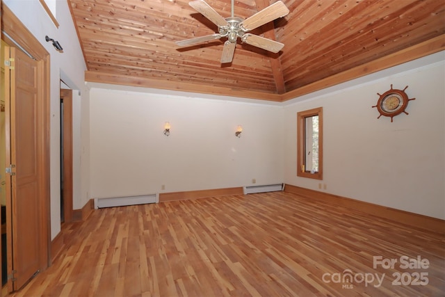 empty room with light hardwood / wood-style floors, wooden ceiling, high vaulted ceiling, and a baseboard heating unit