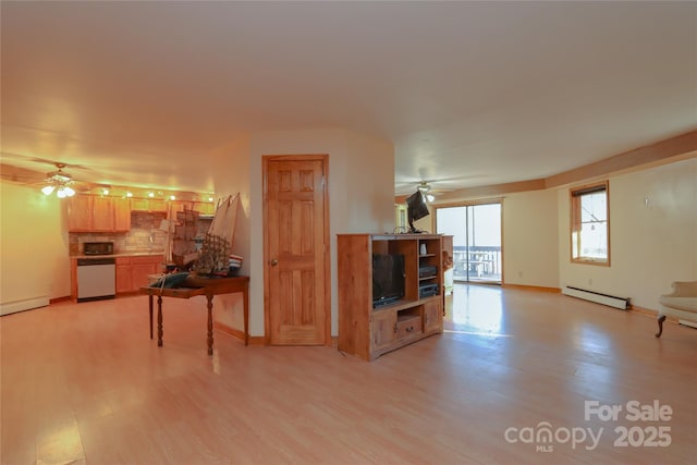 living room featuring ceiling fan, a baseboard radiator, and light wood-type flooring