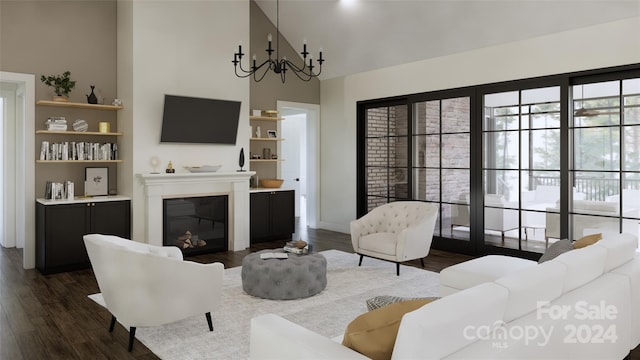 living room featuring an inviting chandelier and dark wood-type flooring