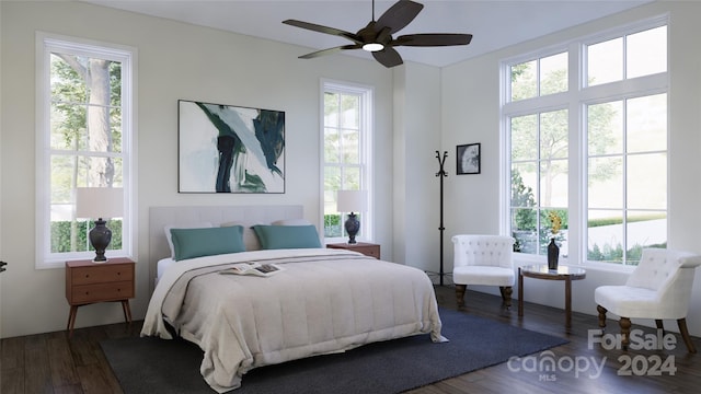 bedroom featuring wood-type flooring and ceiling fan