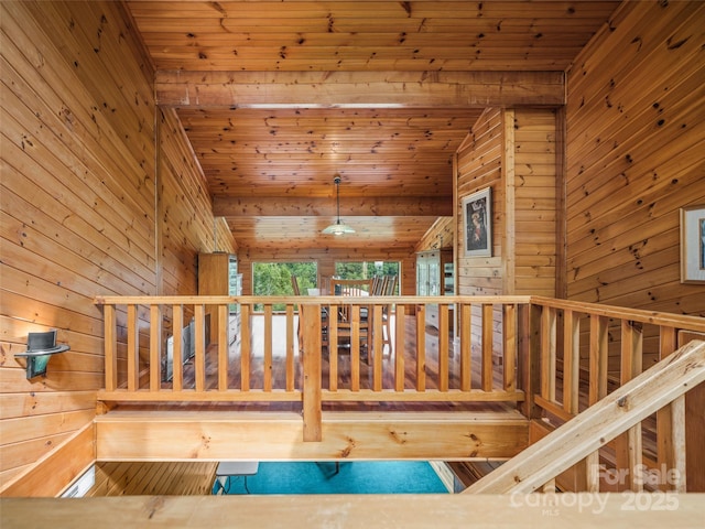 interior space featuring wooden walls and wooden ceiling