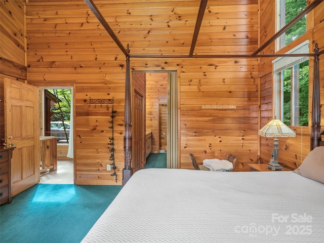 bedroom with carpet flooring, high vaulted ceiling, wooden ceiling, and wood walls