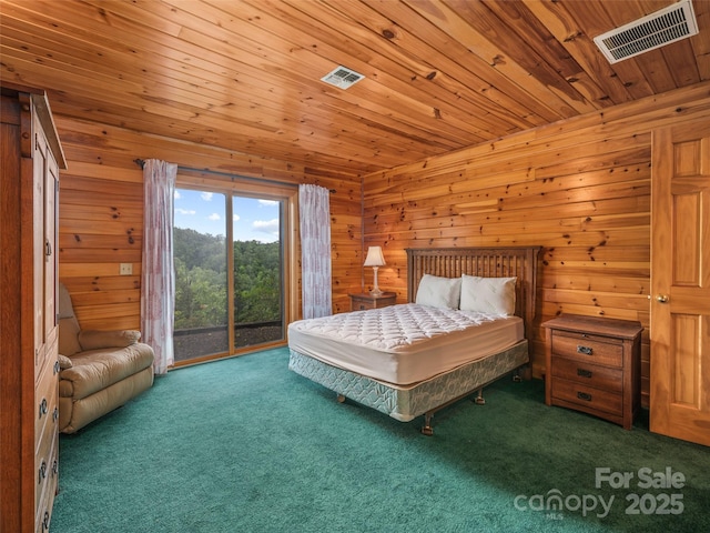 carpeted bedroom with wooden ceiling and access to outside