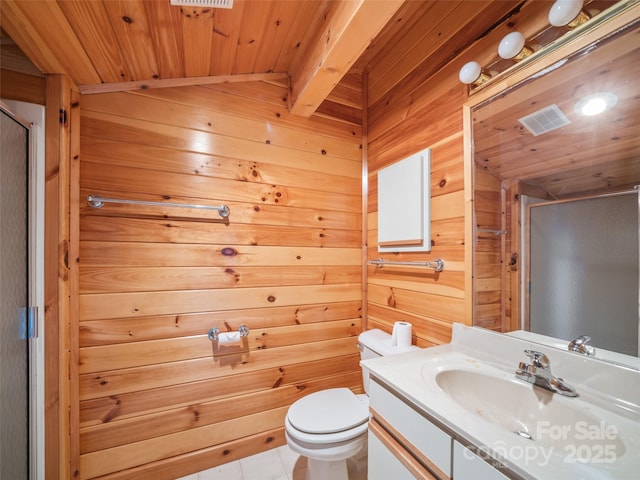 bathroom featuring vaulted ceiling with beams, tile patterned flooring, wood walls, vanity, and wood ceiling