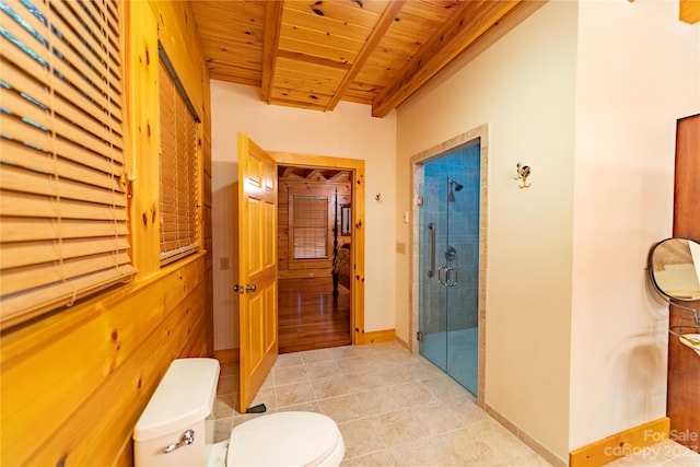 bathroom with toilet, an enclosed shower, hardwood / wood-style floors, wooden ceiling, and beam ceiling