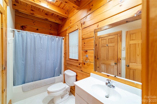 full bathroom featuring vanity, beamed ceiling, wooden ceiling, toilet, and shower / bath combination with curtain