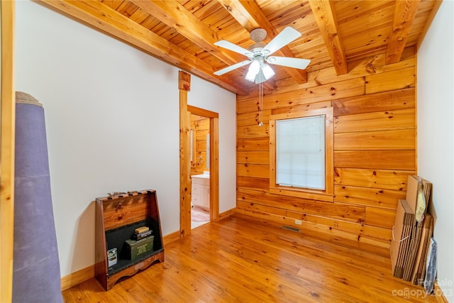 spare room featuring beam ceiling, ceiling fan, wood ceiling, wooden walls, and light hardwood / wood-style flooring