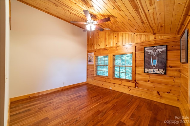 empty room featuring lofted ceiling, wooden ceiling, ceiling fan, and hardwood / wood-style flooring