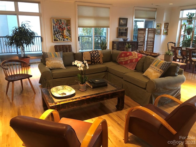 living room with plenty of natural light and light hardwood / wood-style floors