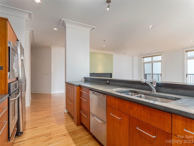 kitchen featuring crown molding, light wood-type flooring, sink, and stainless steel appliances