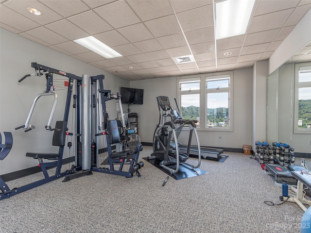 exercise room with carpet flooring and a drop ceiling