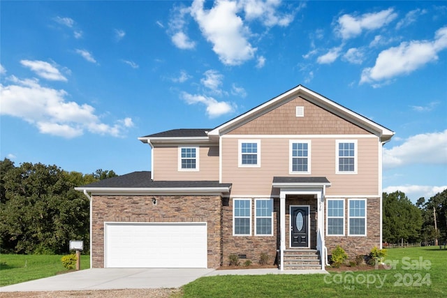 view of front of property with stone siding, concrete driveway, a front yard, and a shingled roof