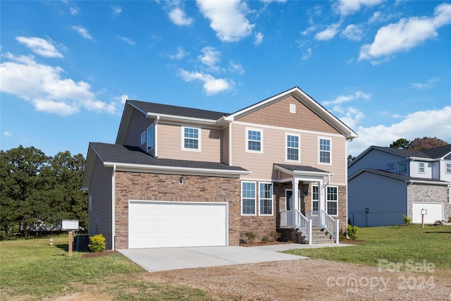 view of front of house with a front lawn, stone siding, cooling unit, concrete driveway, and an attached garage