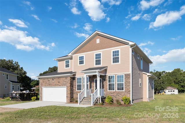 traditional home with stone siding, a garage, driveway, and a front lawn