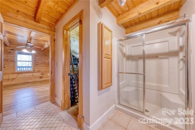 bathroom with wooden ceiling, ceiling fan, and tile floors