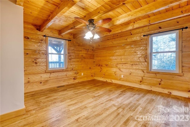 unfurnished room featuring beam ceiling, light hardwood / wood-style floors, wooden ceiling, and ceiling fan