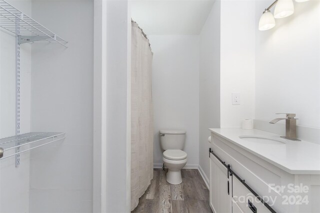 bathroom with vanity, hardwood / wood-style flooring, and toilet