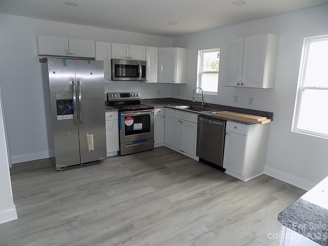 kitchen featuring white cabinetry, stainless steel appliances, sink, and light wood-type flooring