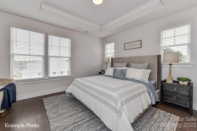 bedroom with a tray ceiling, multiple windows, and dark hardwood / wood-style floors