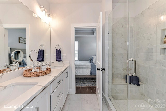 bathroom with dual bowl vanity, tile floors, and an enclosed shower