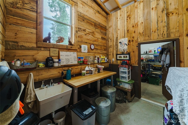 interior space with wood walls and sink