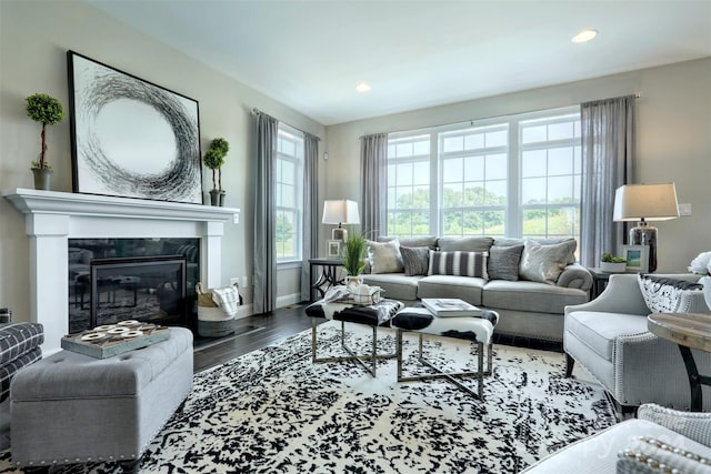 living room with hardwood / wood-style flooring and a tile fireplace