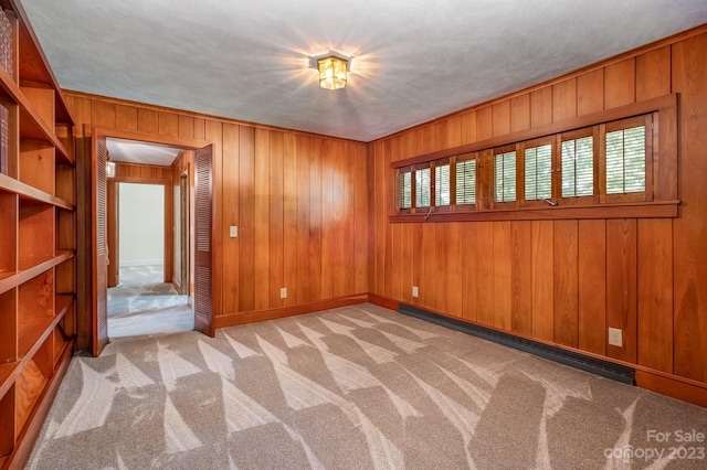 unfurnished room featuring light carpet, a healthy amount of sunlight, wood walls, and a baseboard heating unit