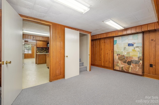 basement featuring wood walls