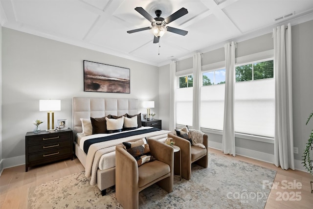 bedroom featuring light wood finished floors, coffered ceiling, a ceiling fan, visible vents, and baseboards