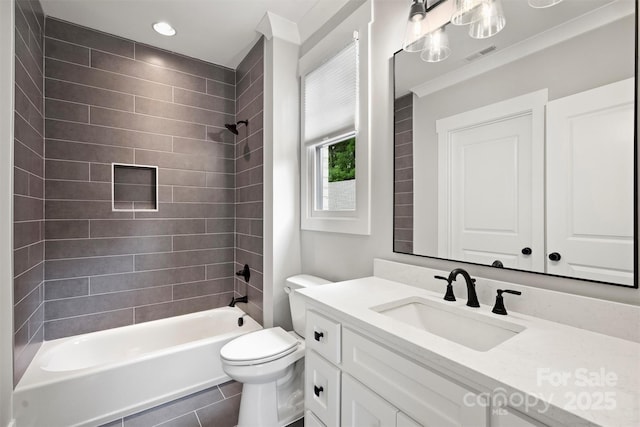 full bathroom featuring tile patterned floors, toilet, shower / bathtub combination, vanity, and visible vents
