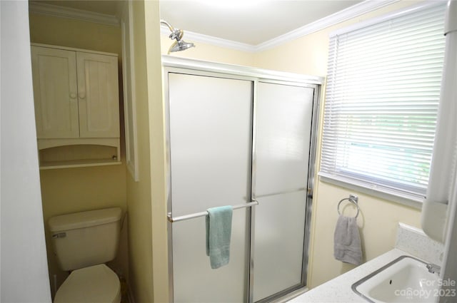 bathroom featuring toilet, ornamental molding, a shower with shower door, and vanity