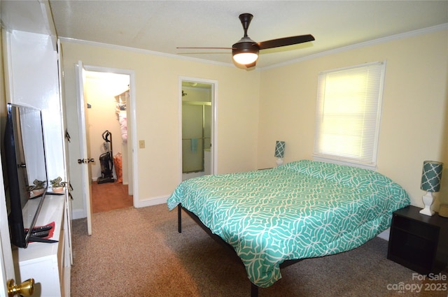 bedroom featuring ceiling fan, ornamental molding, light colored carpet, and ensuite bathroom