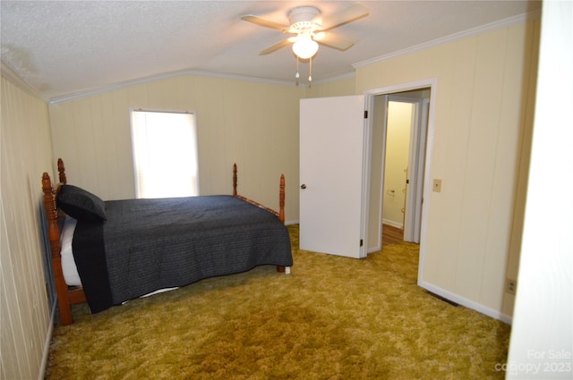 carpeted bedroom featuring ceiling fan, a textured ceiling, and vaulted ceiling