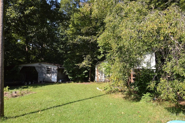 view of yard with a storage shed