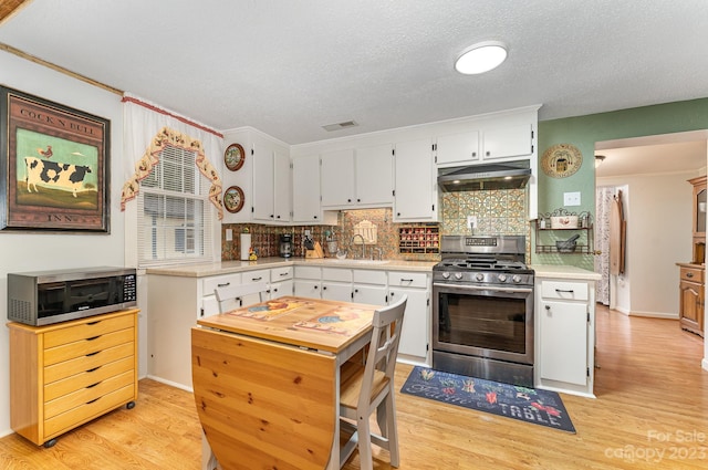 kitchen with tasteful backsplash, stainless steel appliances, light hardwood / wood-style flooring, and white cabinetry