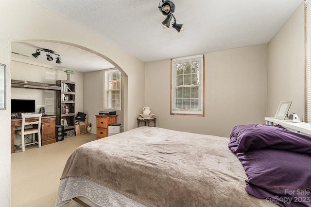 bedroom featuring track lighting, carpet, and a textured ceiling