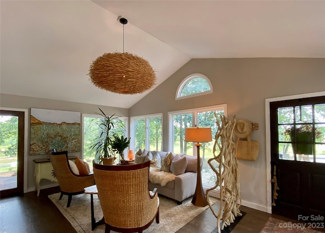 living room featuring lofted ceiling and dark hardwood / wood-style floors