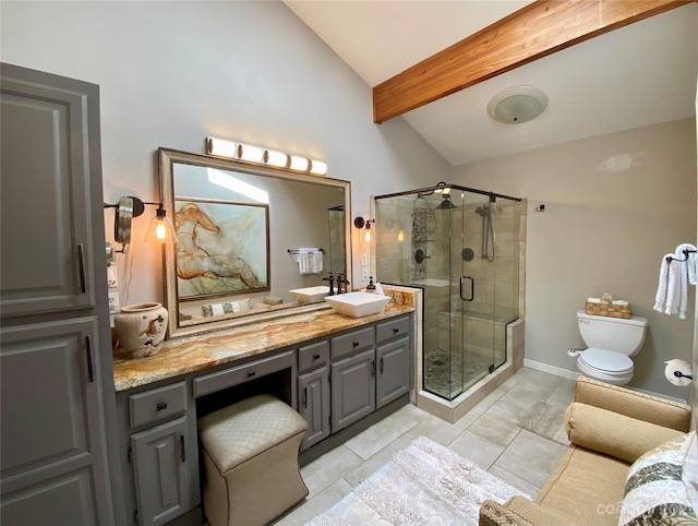 bathroom with toilet, an enclosed shower, vanity, lofted ceiling with beams, and tile floors