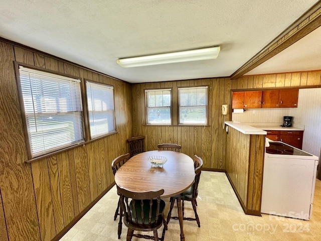 dining room with wood walls and a textured ceiling